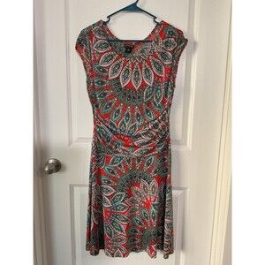 EN FOCUS PETITE Women's Orange Paisley Print Ruched Sheath Dress 10P Midi Work M